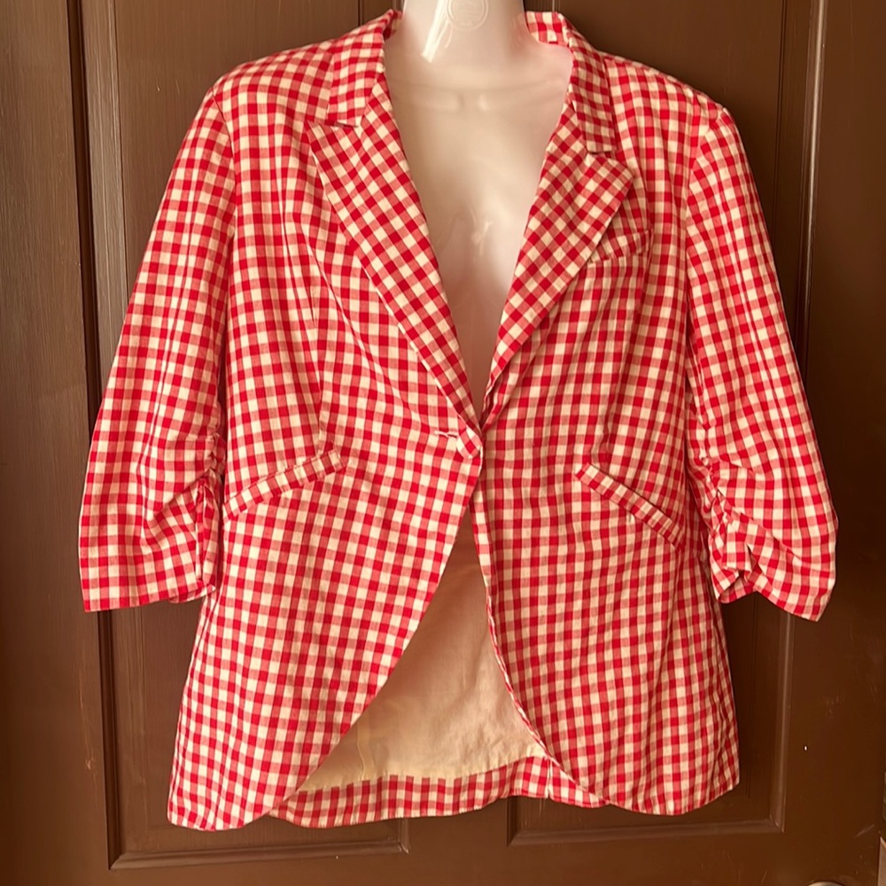 Esley red and white gingham check fitted blazer 3/4 sleeve XL
